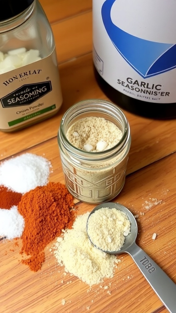 A jar of homemade seasoning salt with spices like garlic powder and paprika on a wooden countertop.